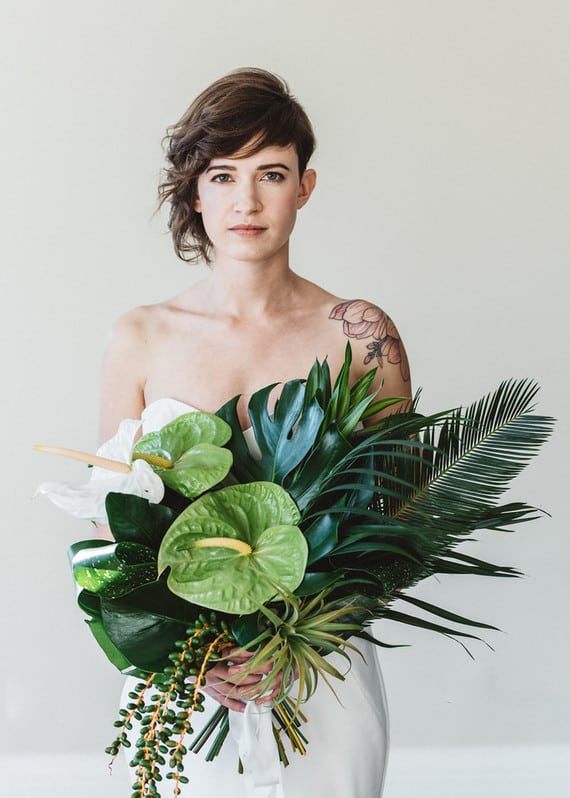 large asymmetrical tropical bridal bouquet