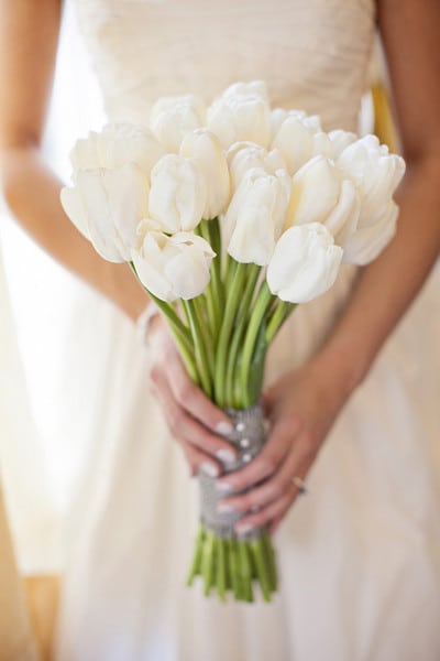 hand-tied simple flower bouquet of white tulips