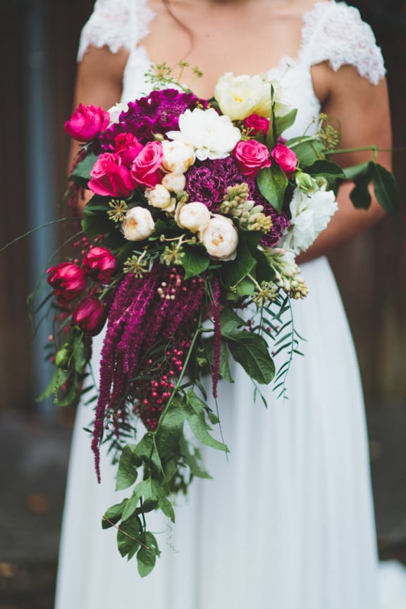 purple, pink, and white cascade bouquet