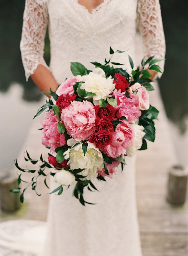 pink, red, and white cascade bouquet