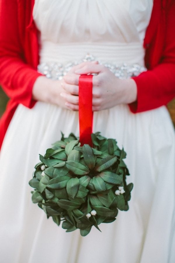 greenery pomander bridal bouquet with red ribbon