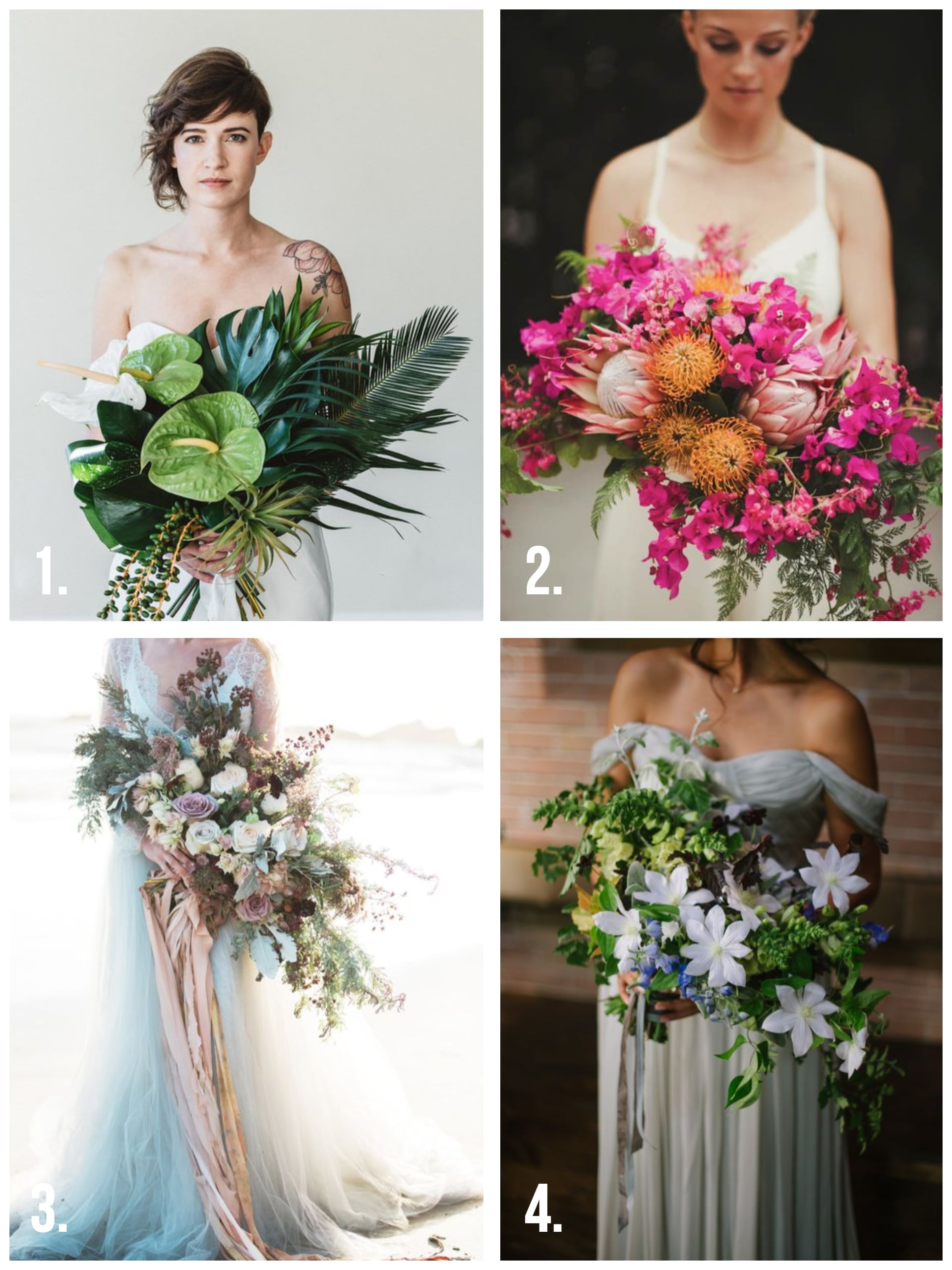 Four panel image of asymmetrical bouquets
