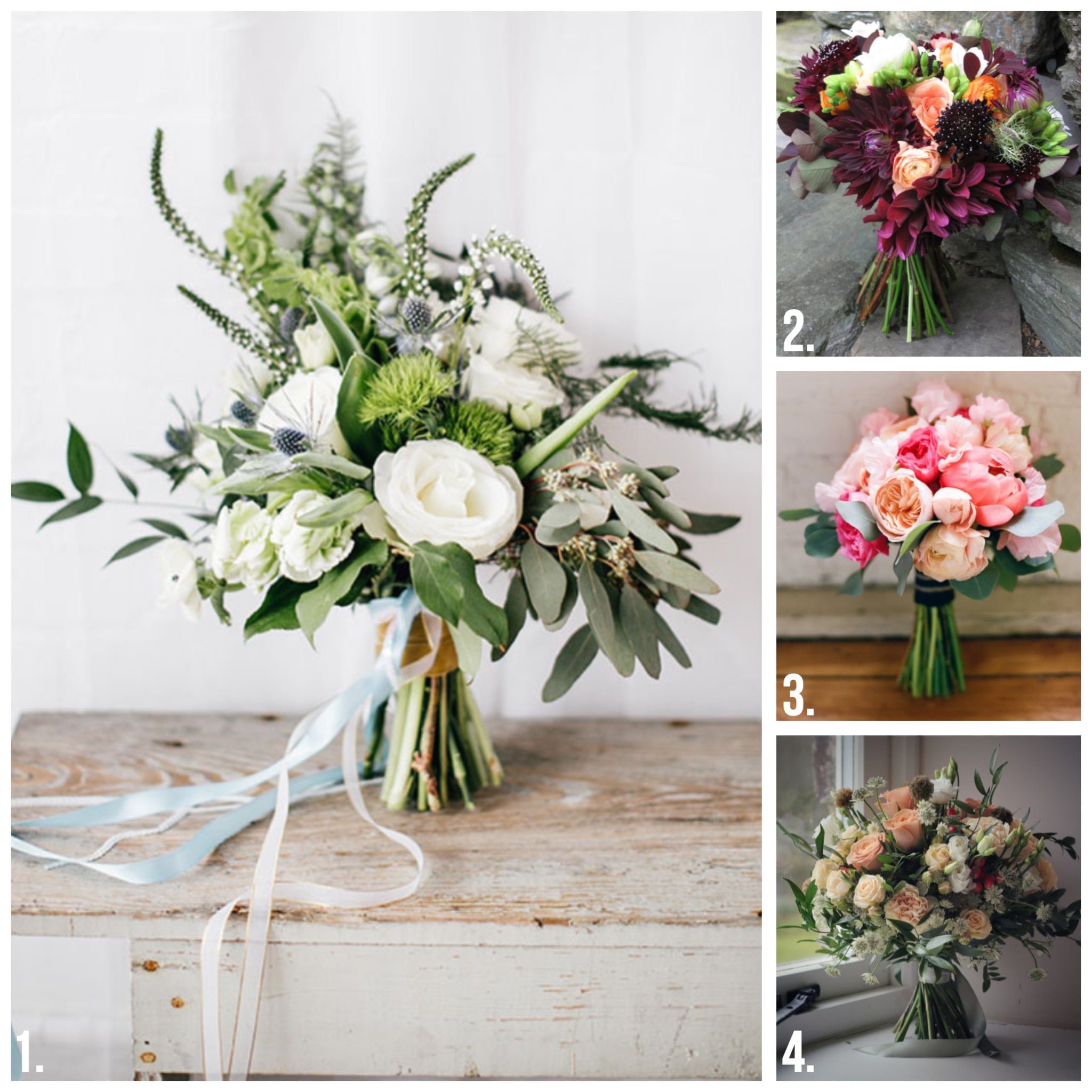 Four panel image of hand-tied bouquets
