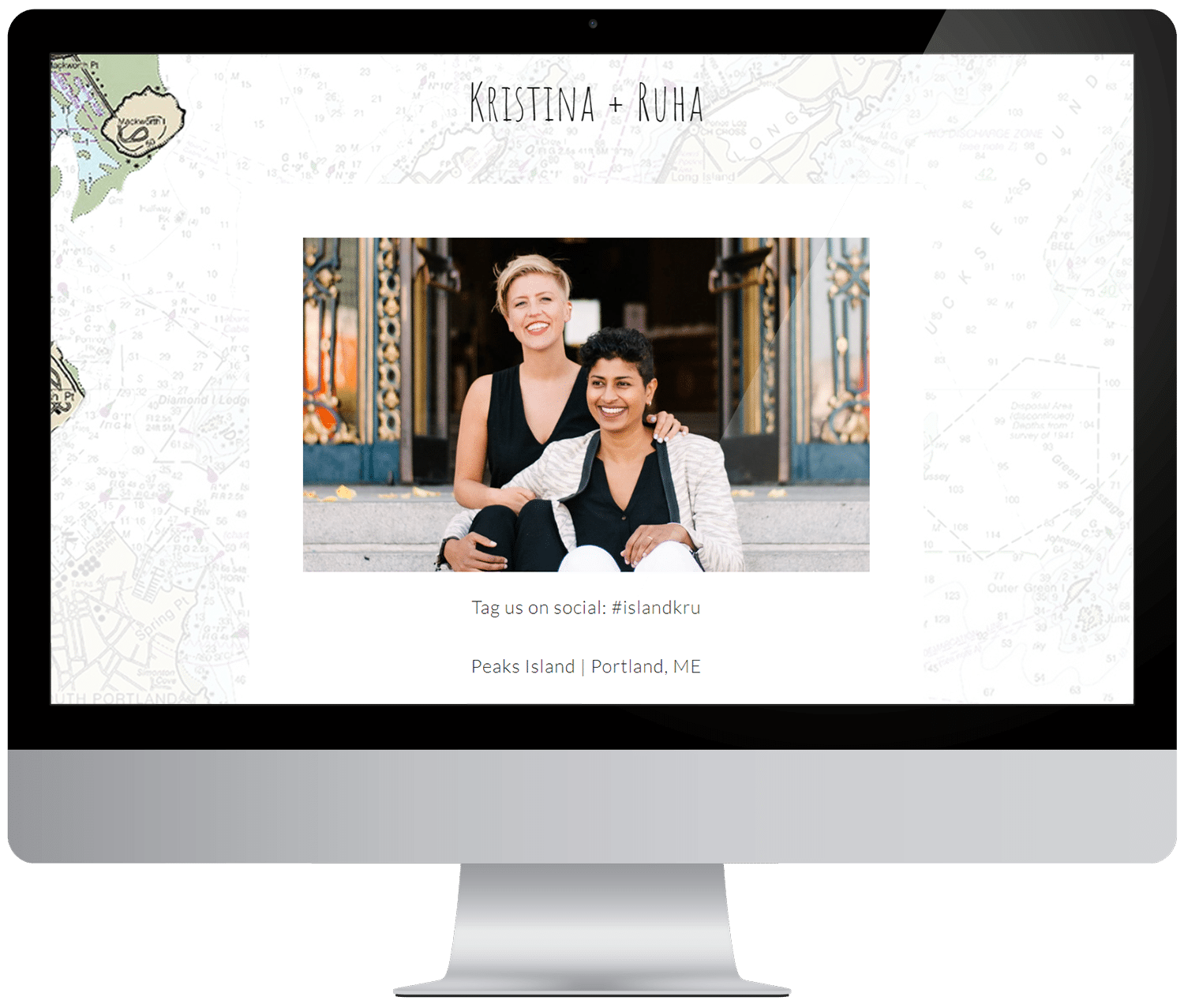A Squarespace wedding website for a couple, as shown through a Computer monitor