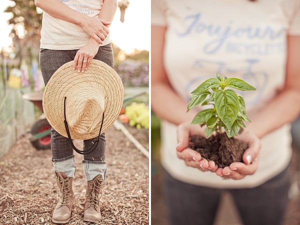woman in gardening clothes holding hat and closeup of woman holding small plant
