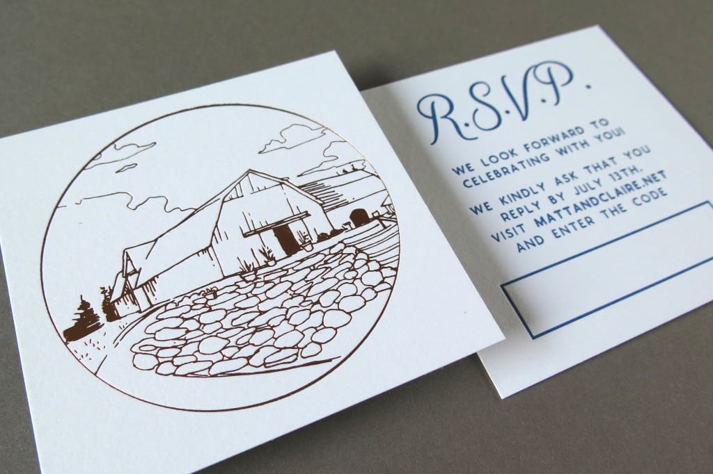detail of invitation suite including a card with a bronze foil letterpress barn scene and a blue text RSVP card