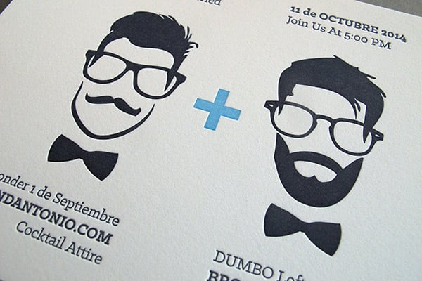 letterpress invite with silhouettes of two grooms faces