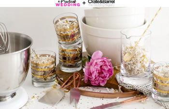 Fun kitchen and drinkware items from crate and barrel with gold confetti and flowers