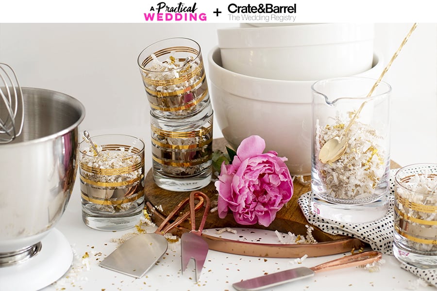 Fun kitchen and drinkware items from crate and barrel with gold confetti and flowers