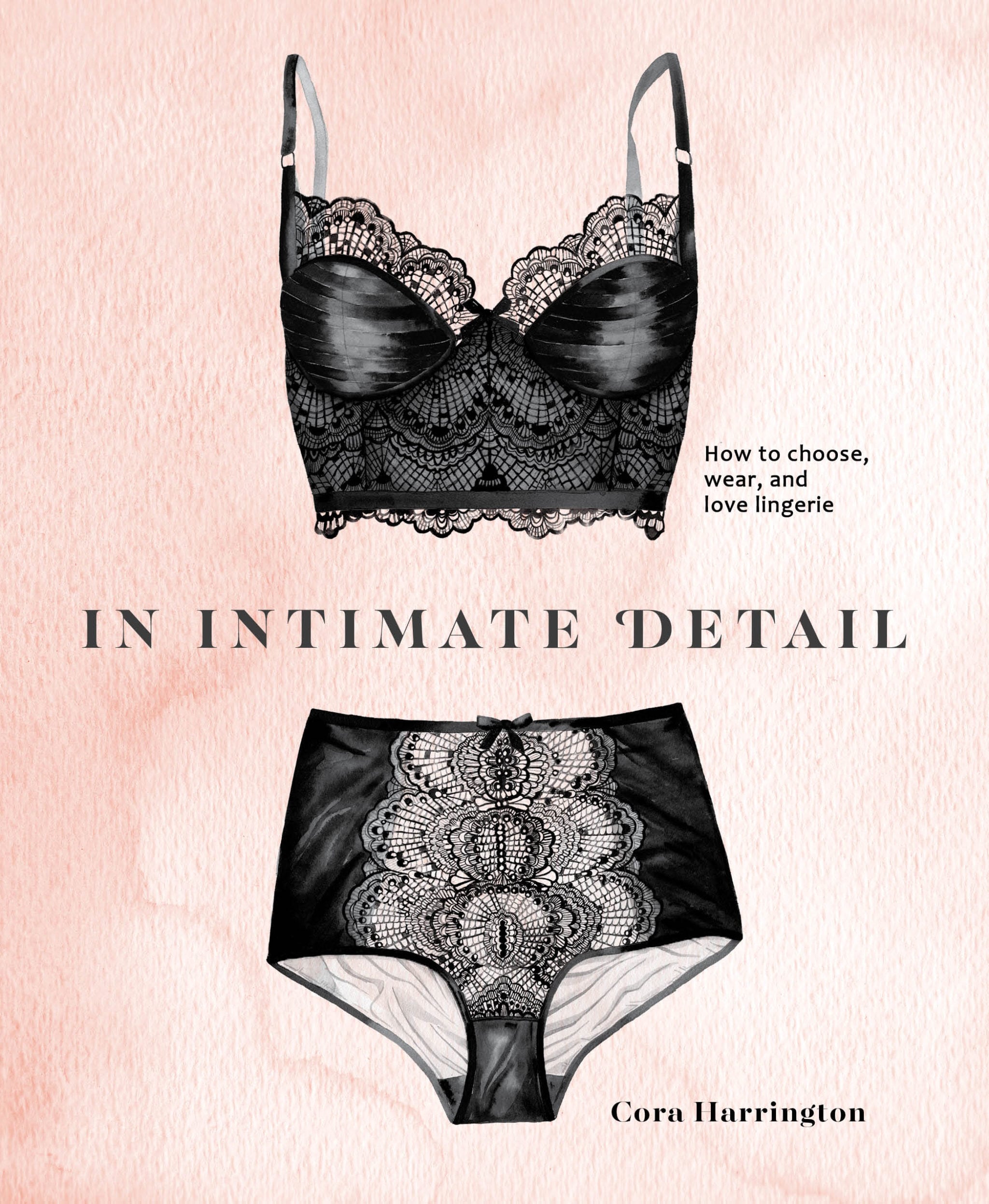 The cover of the book In Intimate Detail by Cora Harrington with a watercolor illustration of a black lace longline bra and coordinating high-waist brief on a pink background