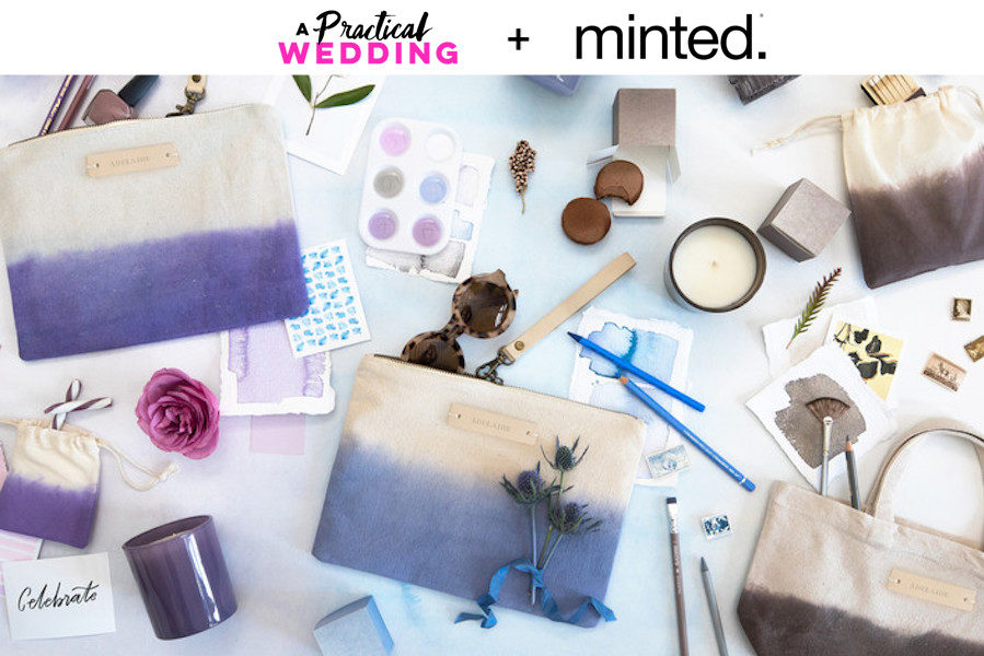 Text reading A Practical Wedding + Minted sits above an image of a collection of items from minted in various hues, including dip-dyed bags, candles, favor boxes, and more