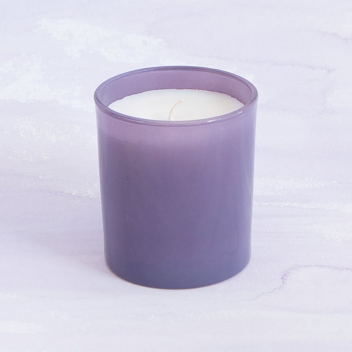 white votive in purple glass from minted