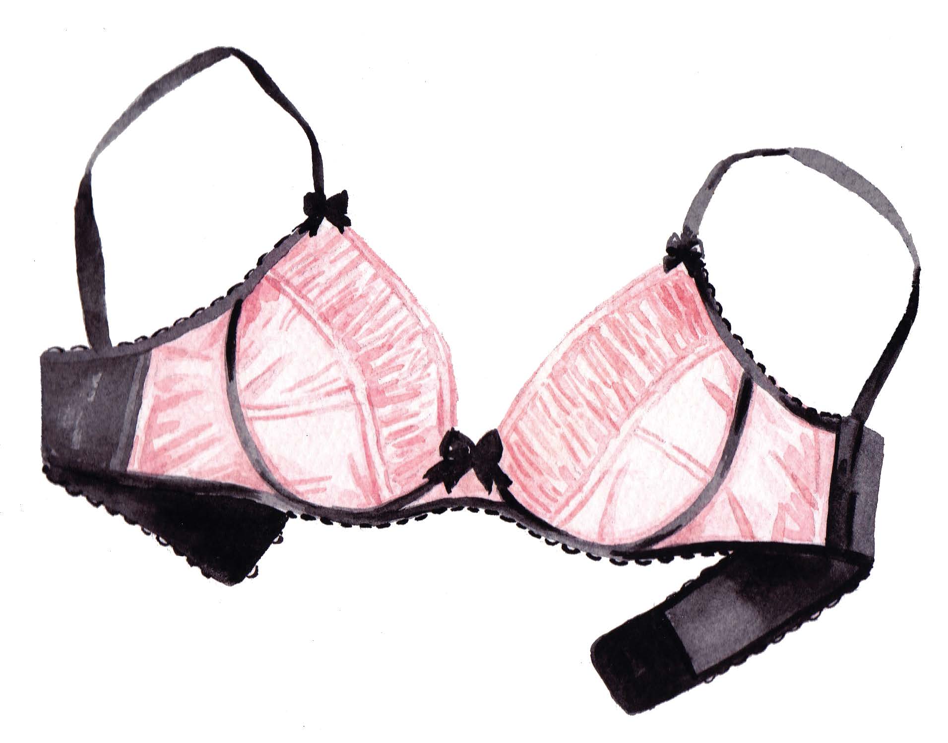 A watercolor illustration of a pink and black bra with bow accents that may be worn as wedding lingerie