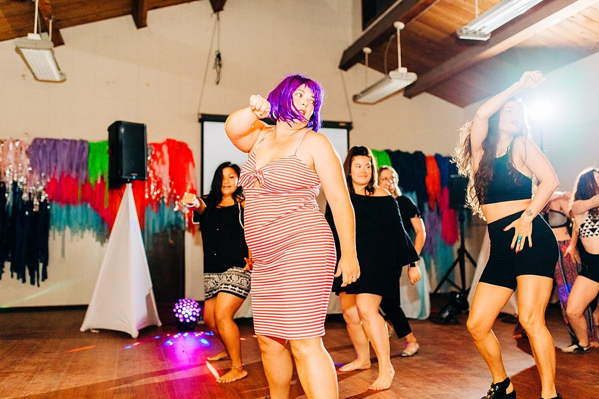 Women from Nicole Gervacio's dance workshop performing a choreographed dance at the dance party at the compact summer camp in la Honda, CA