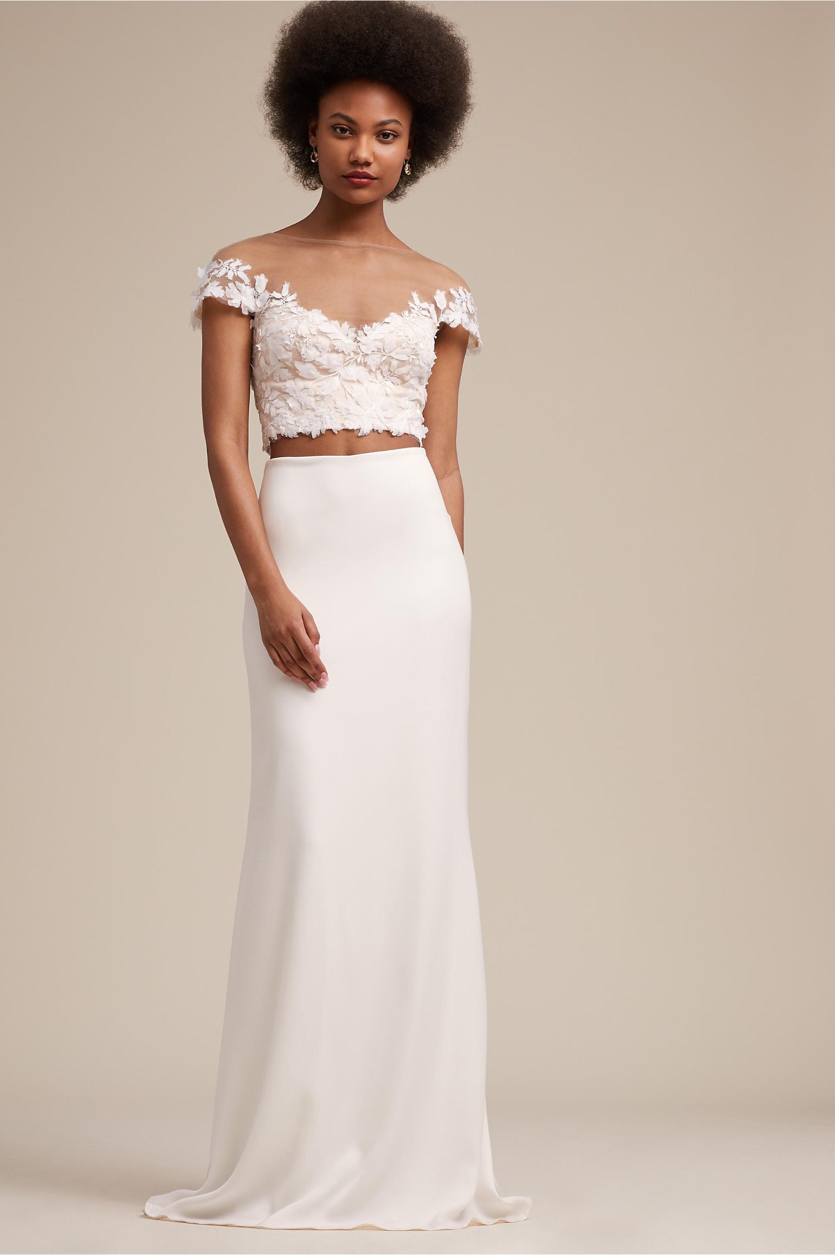 Leroy Top and Gidley Skirt from BHLDN: crop appliqué top with off the shoulder with v-neck, with high waist flowing column skirt