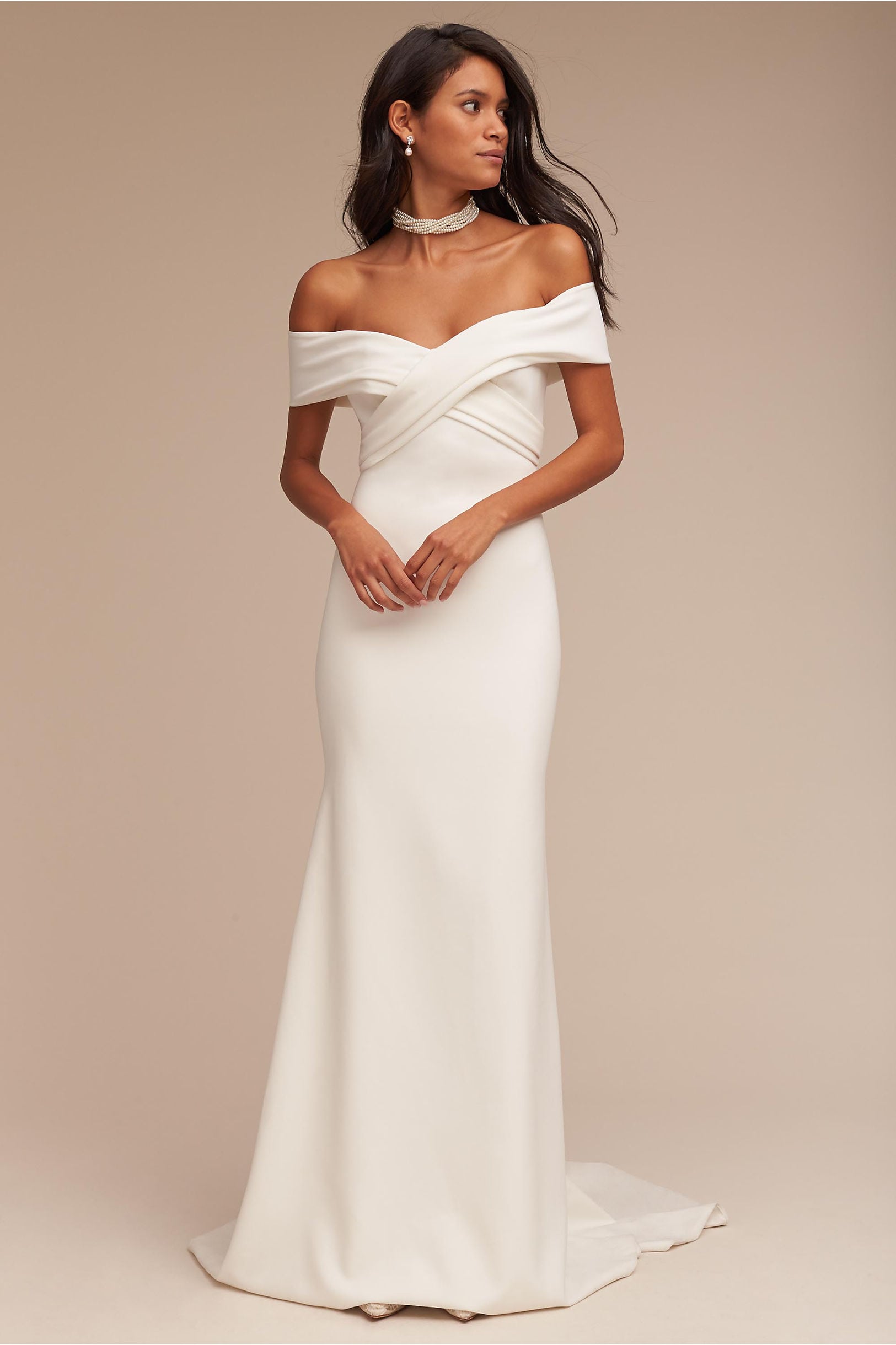 Blake Gown from BHLDN: off the shoulder with cross front gown with train