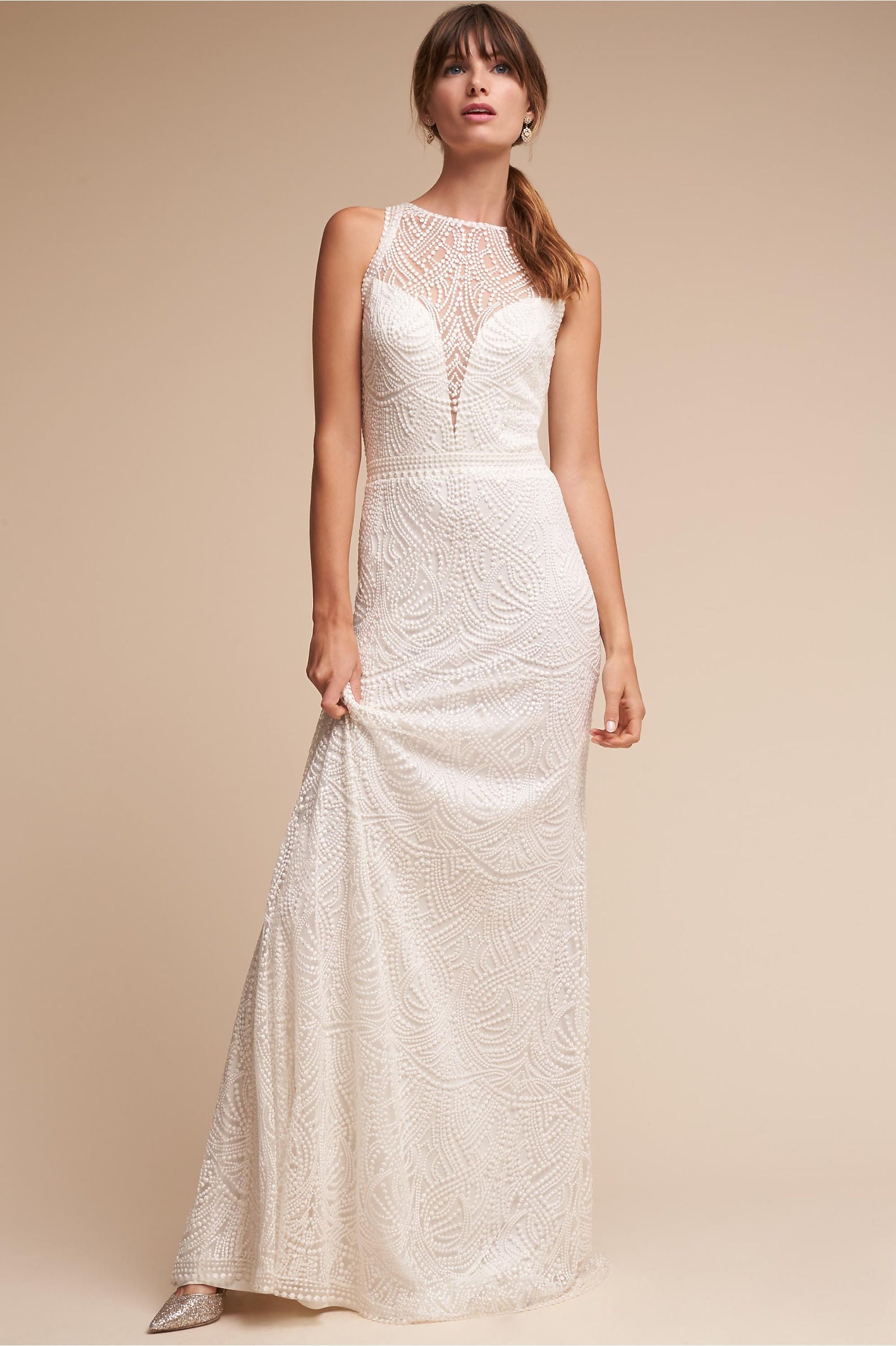 Perdita Gown from BHLDN: beaded full-length gown with illusion neckline with deep v
