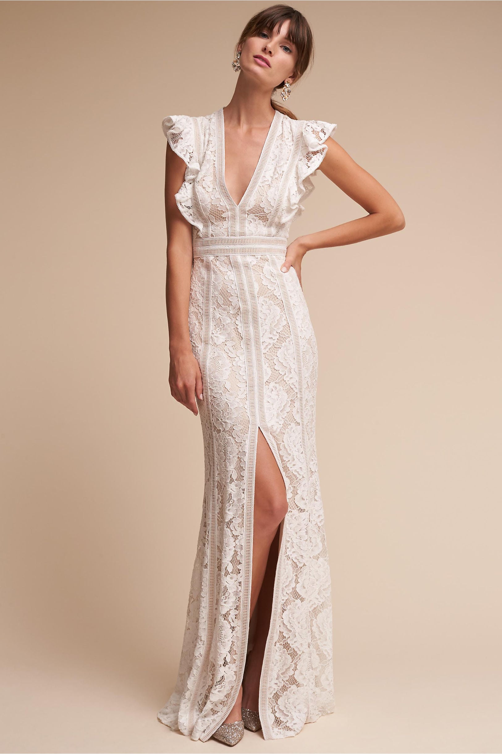Placid Gown from BHLDN: vertical lace gown with deep v and flutter sleeve