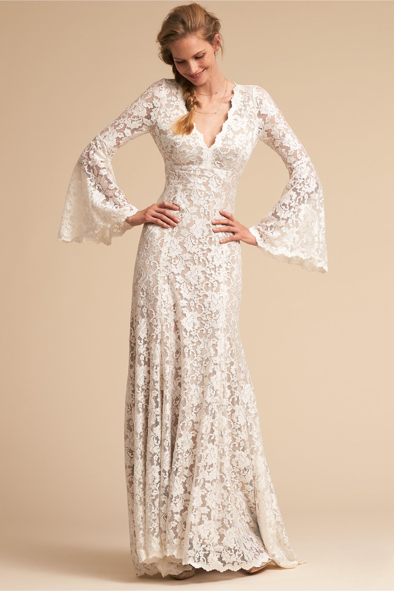 Lucca Gown Ivory from BHLDN: ivory floral lace dress with bell sleeves and v-neck with scallop neckline