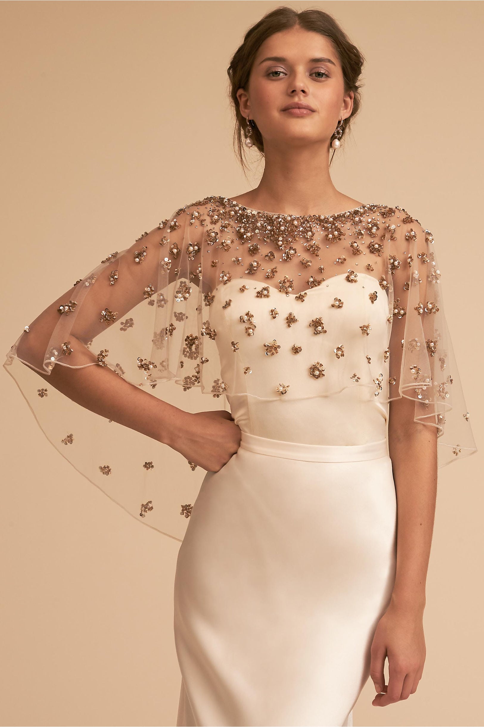 Palmer Cape from BHLDN: translucent sheer cape with metallic flower appliqués
