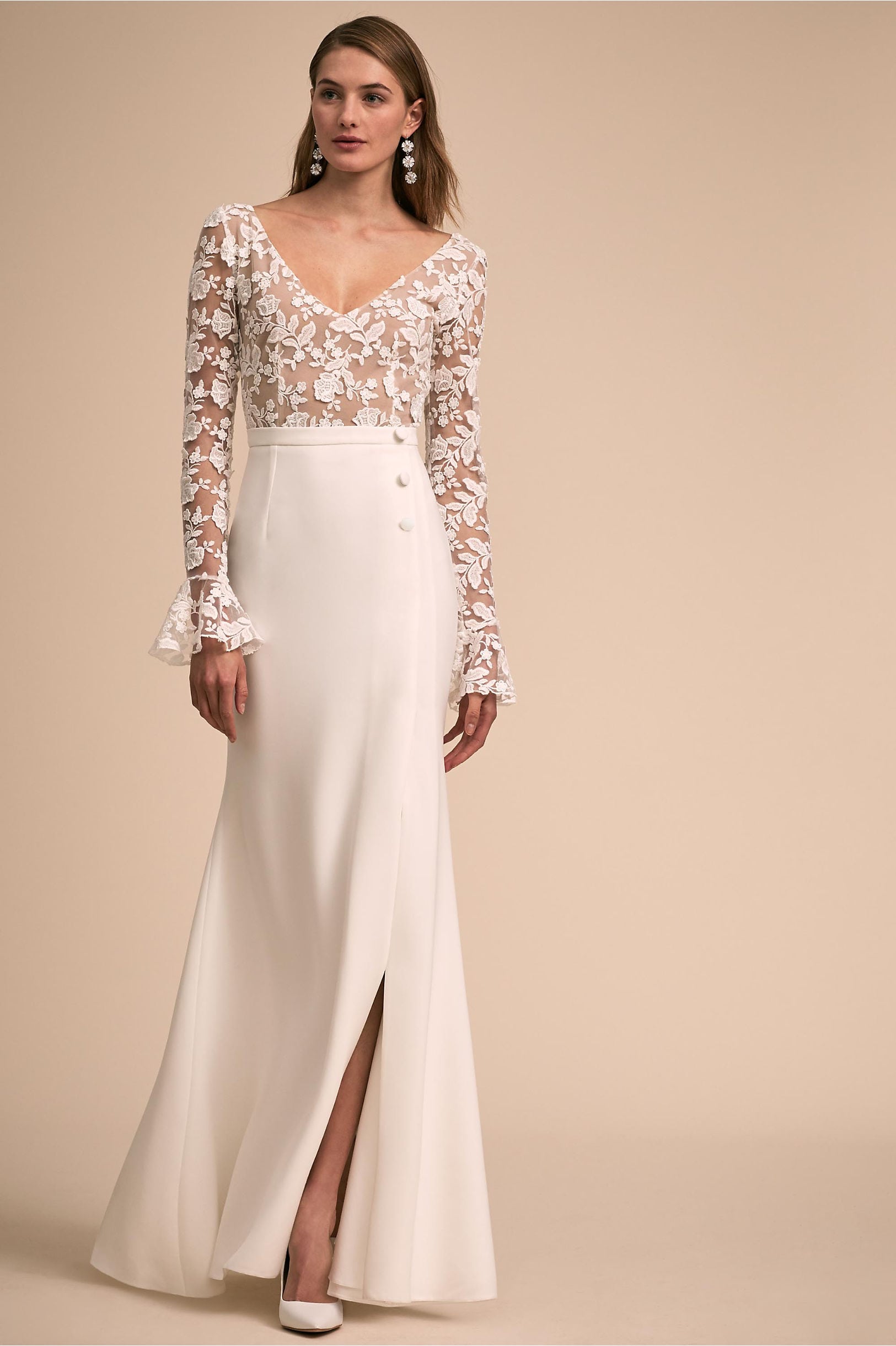 Haley Gown from BHLDN: sheer lace v-neck long-sleeve with natural waist skirt with three-buttons and a slit