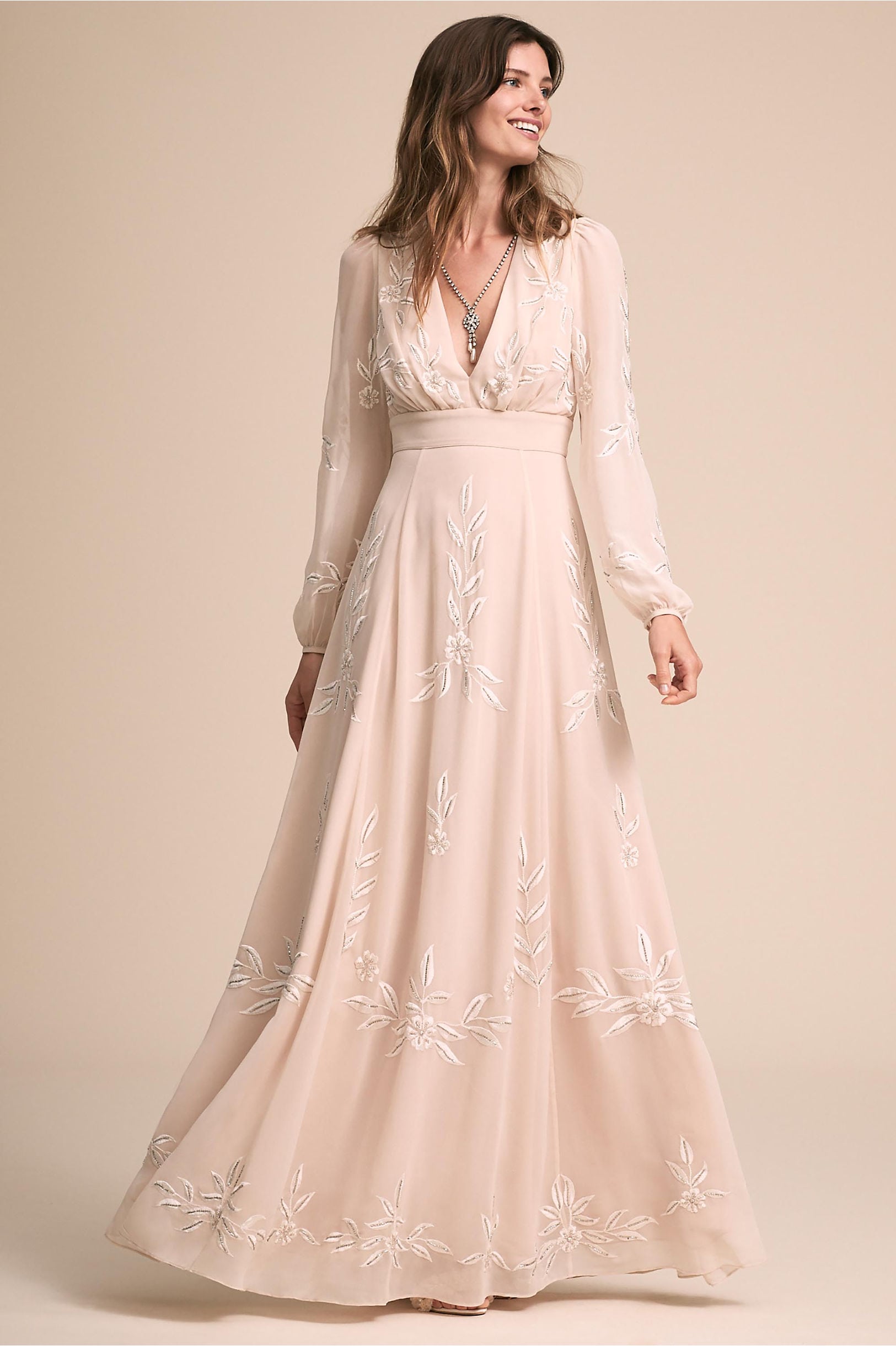 Belize Dress from BHLDN: full length deep v blush dress with flowing skirt with embroidery with long sleeves