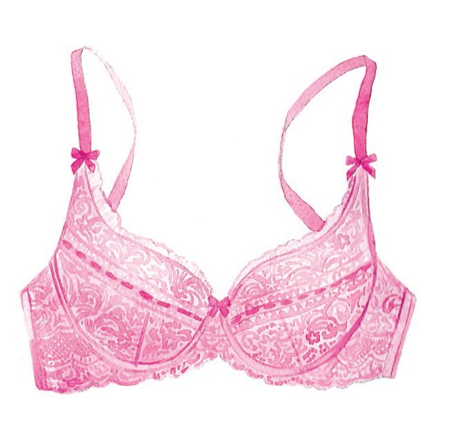 a watercolor illustration of a pink pushup bra with bow and ribbon accents that may be worn as wedding lingerie