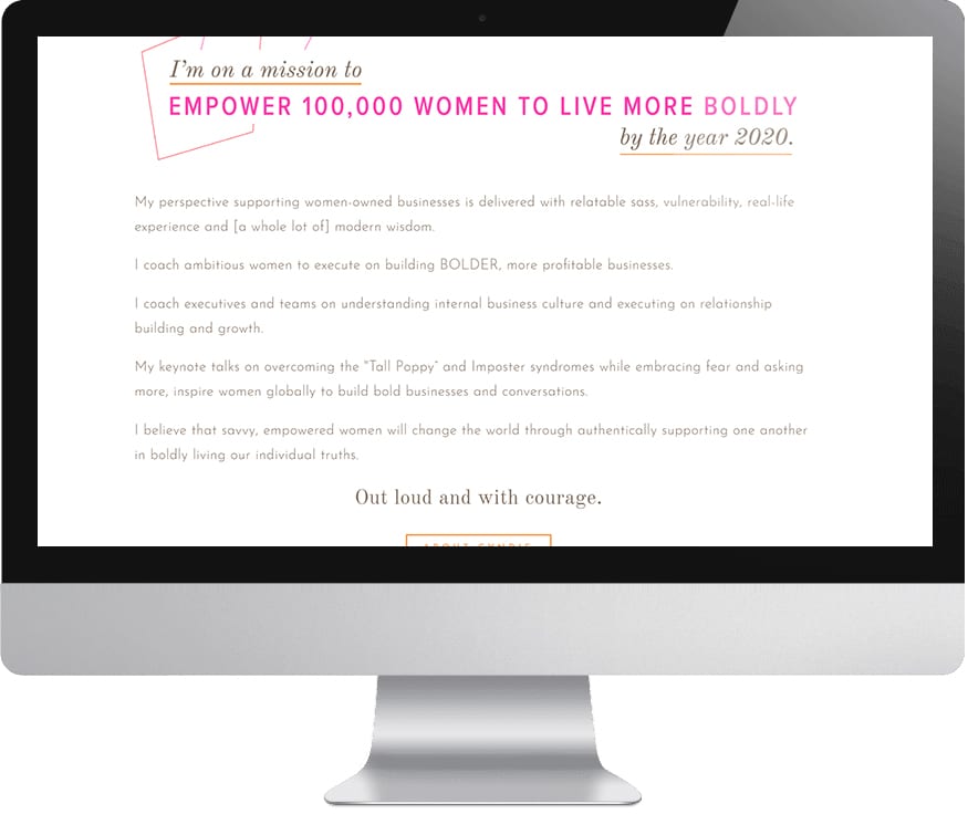 A page from Cyndie Spiegel's Squarespace website as shown on a Mac-style monitor. The headline reads, "I'm on a mission to empower 100,000 women to live more boldly by the year 2020."