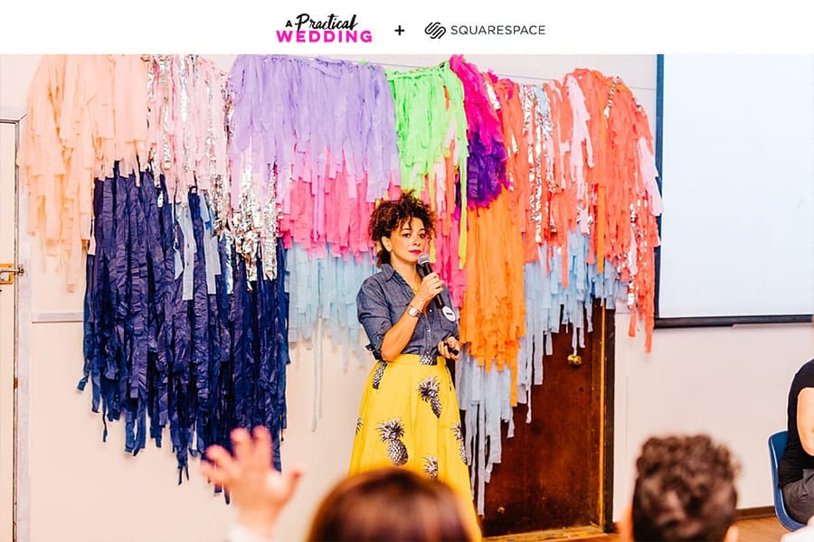 cyndie spiegel leading a keynote at the compact summer camp in front of a colorful fringe backdrop. The text, "A Practical Wedding + Squarespace," reads along the top.
