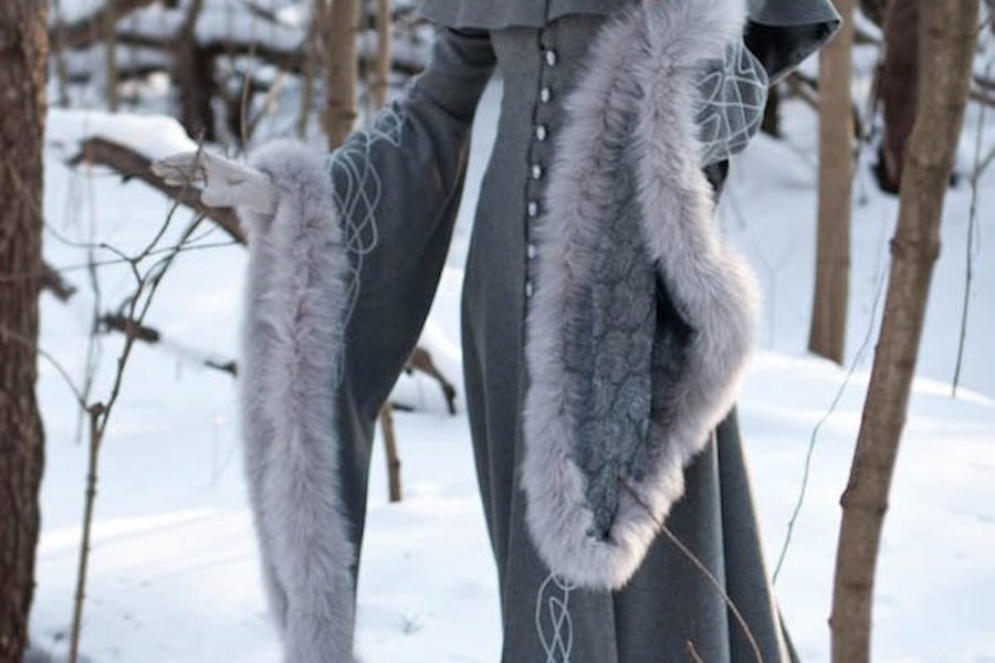 Fur trimmed grey winter wedding dress