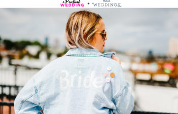 Woman in a denim jacket that says "Bride" across the back. The text, "A Practical Wedding + Michael's Weddings," reads across the top.
