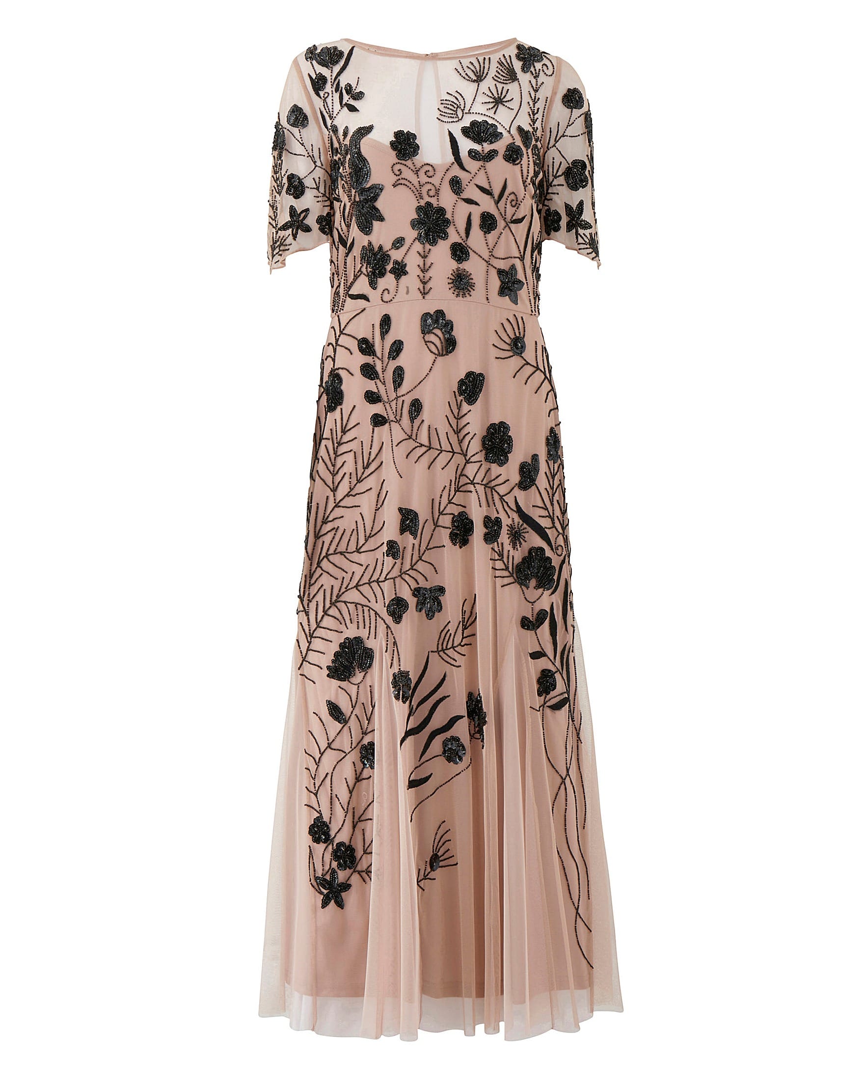 light pink gown with mesh overlay and black floral beading 