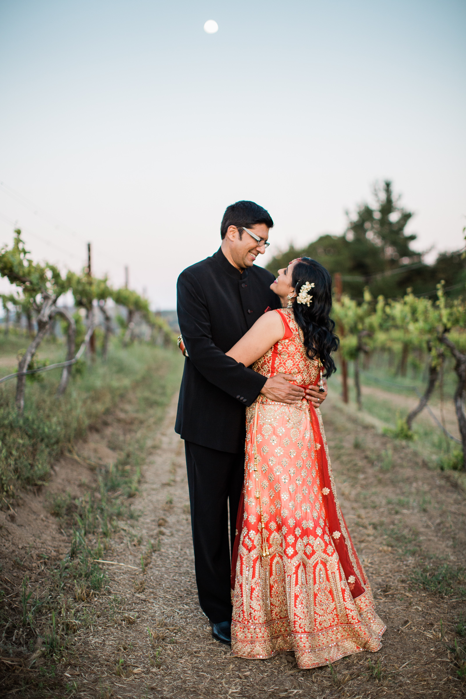 A wedding couple embraces while standing in a vineyard in a Manali Anne photo