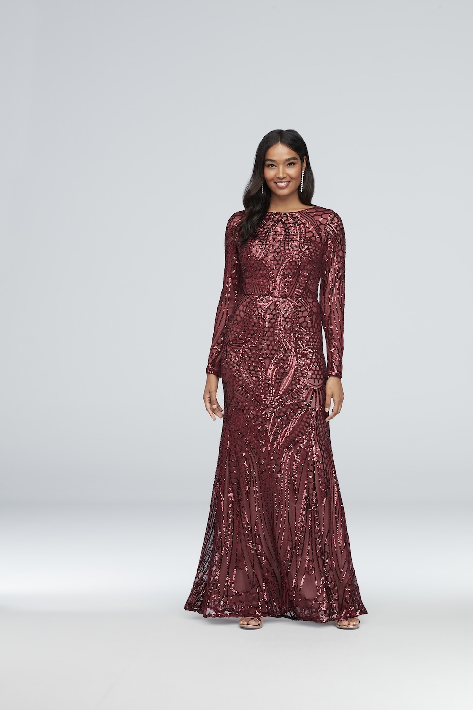 product image of a long sleeve wine sequin evening gown from david's bridal