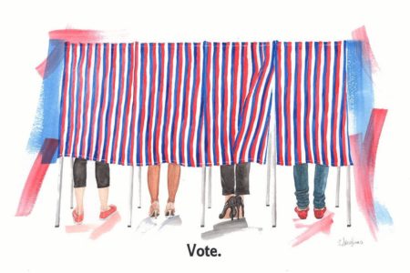 A watercolor illustration of red and blue striped poling booth curtains covering four booths with four pairs of legs showing underneath.