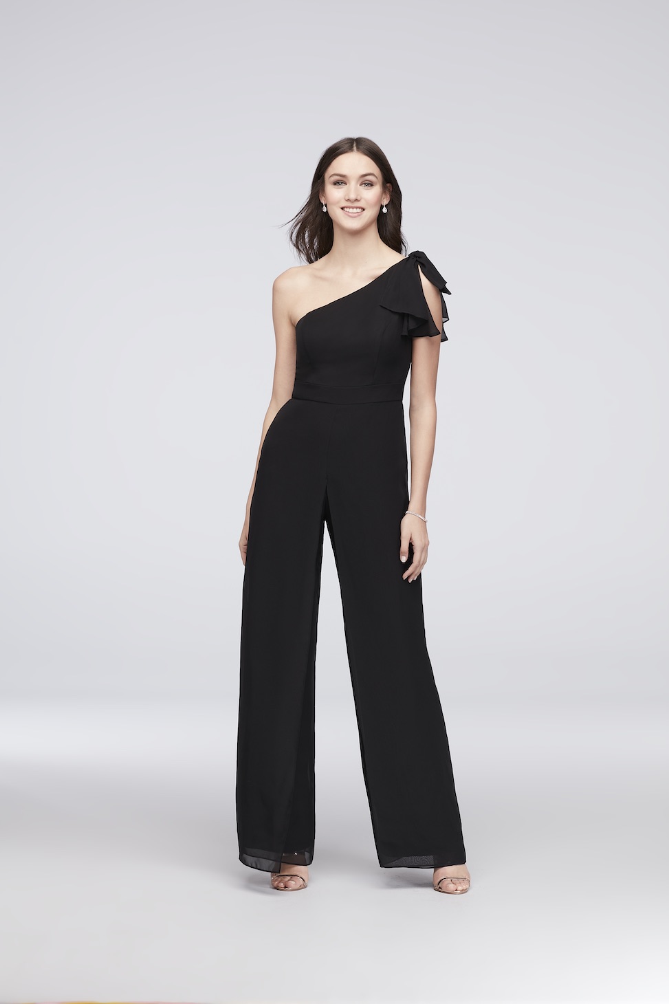 product image of a black one shoulder wide leg bridesmaid jumpsuit from david's bridal