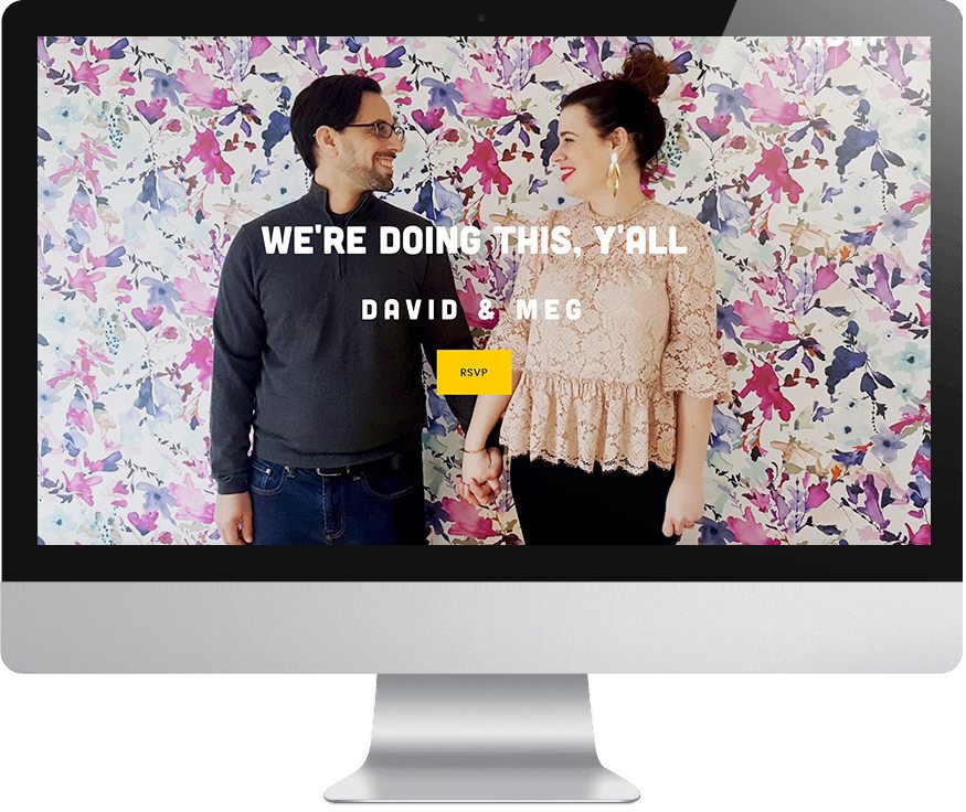 a desktop computer mockup of a squarespace wedding website template featuring a couple holding hands against floral wallpaper with text that says "We're doing this y'all"
