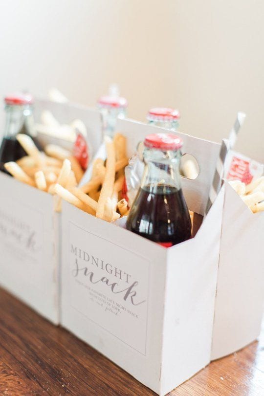 cool wedding ideas - coke and french fries for a midnight snack in a four pack bottle box that reads "midnight snack" on the side