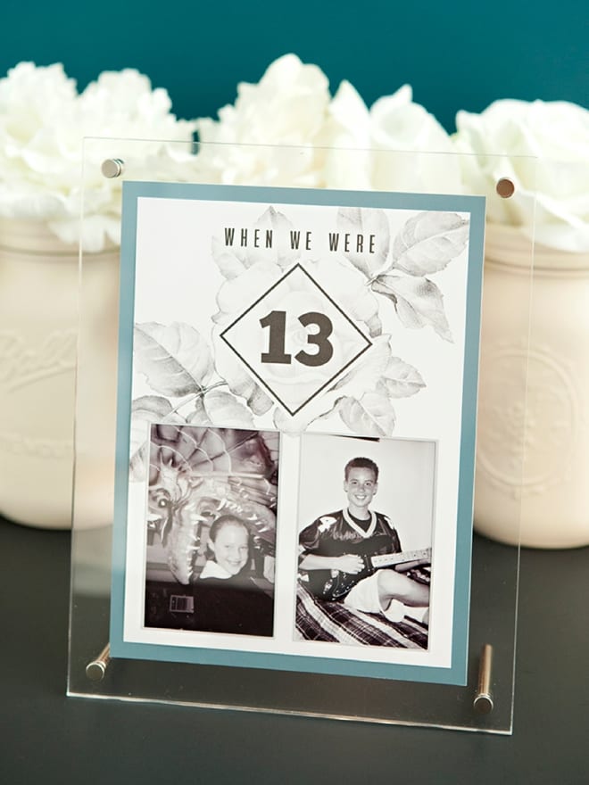 wedding ideas for table numbers—"when we were 13" with a picture of each of the members of the couple getting married in an illusion glass frame