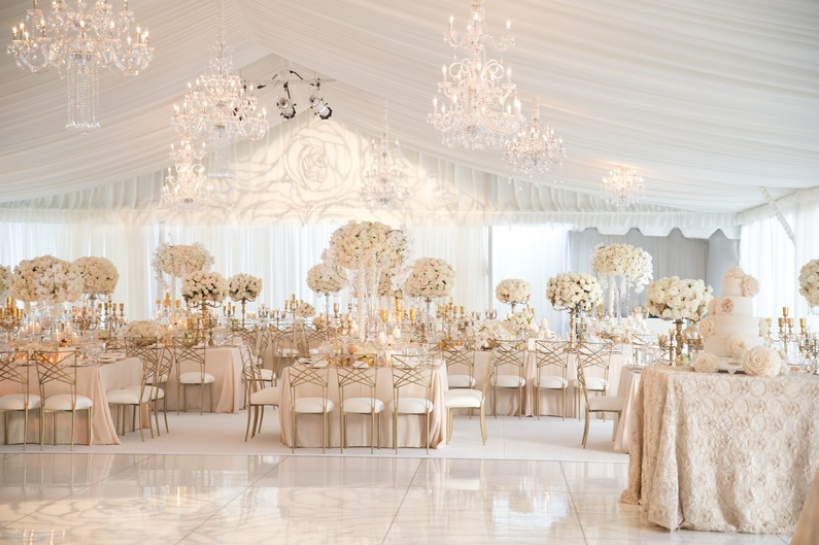 elegant banquet room decorated in white and gold winter wedding colors