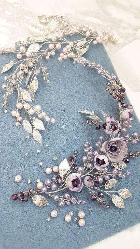 Metal floral headpiece in winter wedding colors: lavender, dark purple, silver, and white