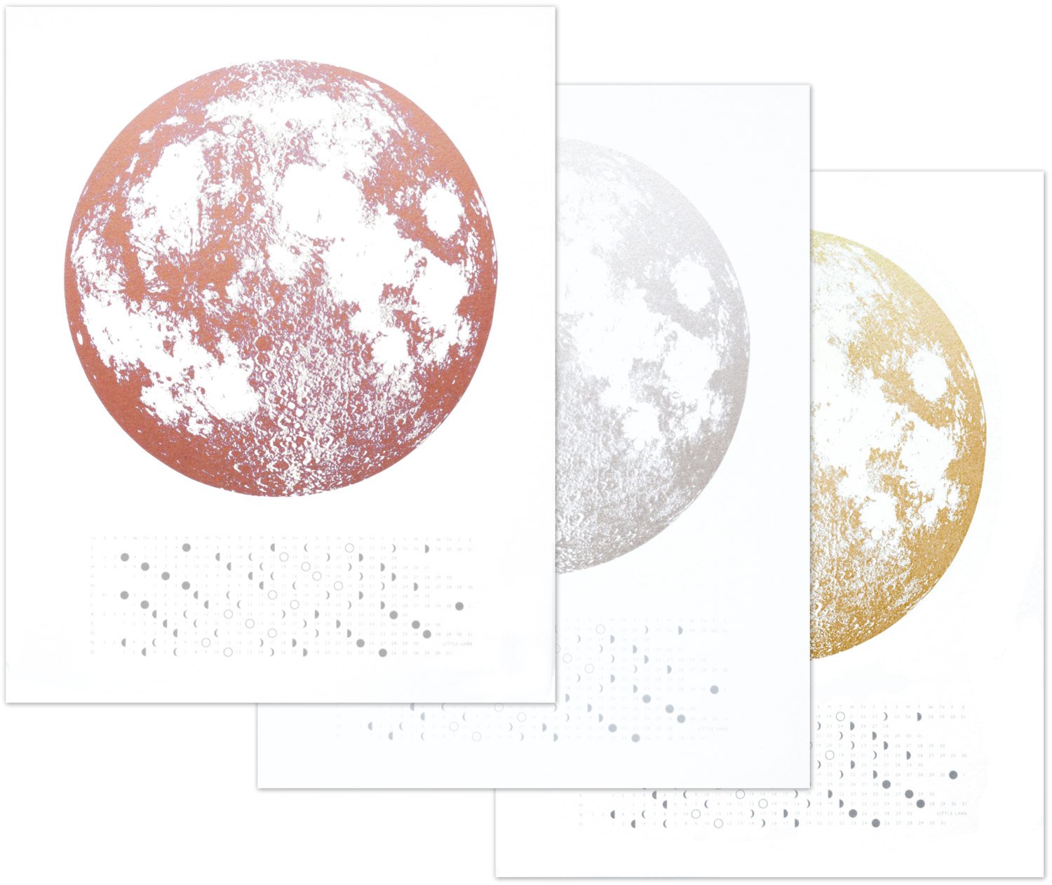 three lunar calendars with a white background in different shades of metallic ink