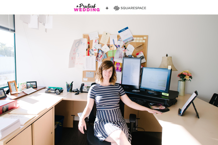 A woman in a striped dress sits in a sunny office at her desk with her back to her computer and colorful, full bulletin board. The words "A Practical Wedding + Squarespace" appear above the photo.