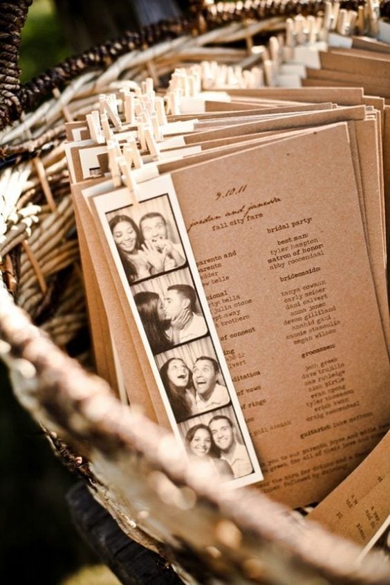 wedding ideas for programs—photo strips attached to chipboard ceremony programs with mini clothes pins