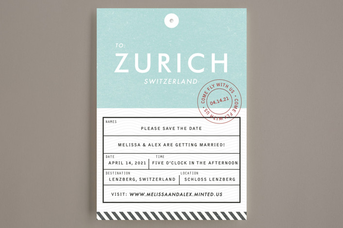 Minted save the date designed like an airplane ticket with Zurich as the destination