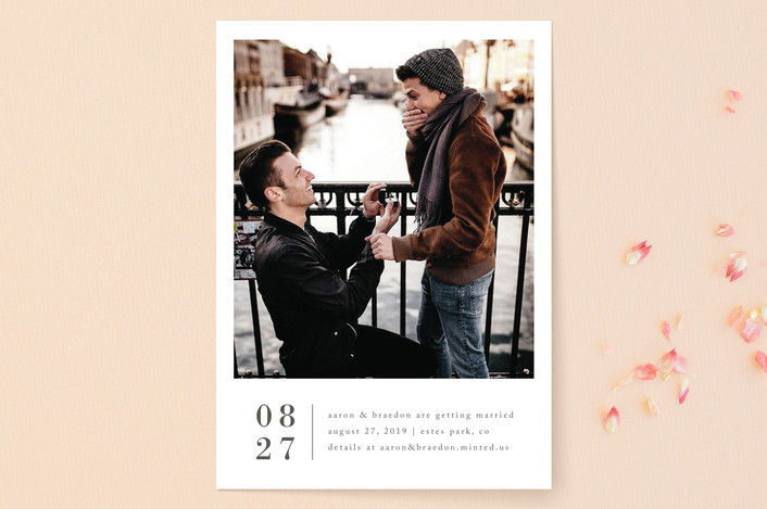 Minted save the date proposal on a bridge