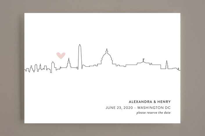 Minted save the date of with an outline of Washington, D.C. on the front