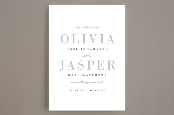 Minted save the date with large type for first names, cursive accents, and 10.27.20 on the front