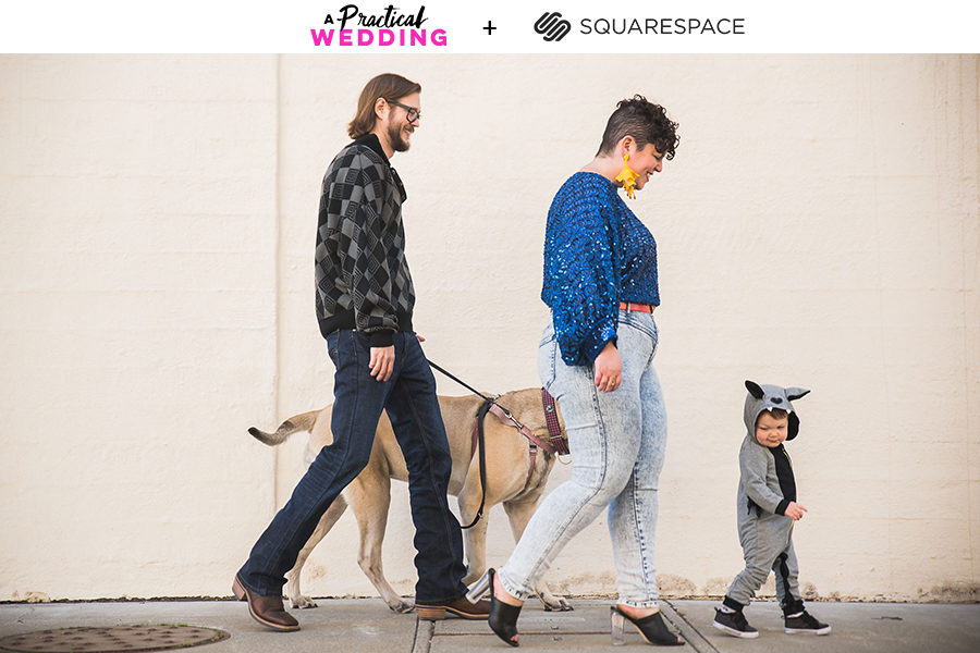 A man, woman, baby in a grey bat hooded onesie, and English Mastiff on a leash walk by in an urban scene. The text A Practical Wedding + Squarespace appears above the image.