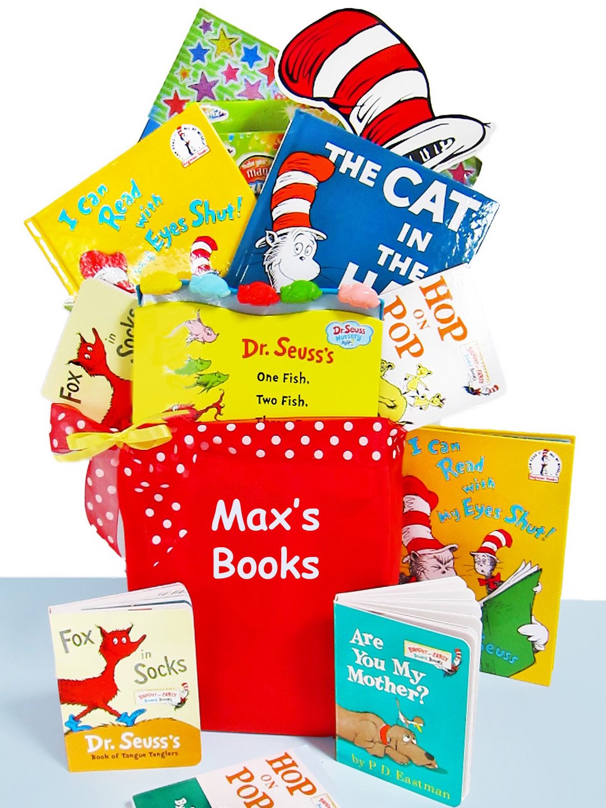 a children's gift basket filled with Dr. Seuss books